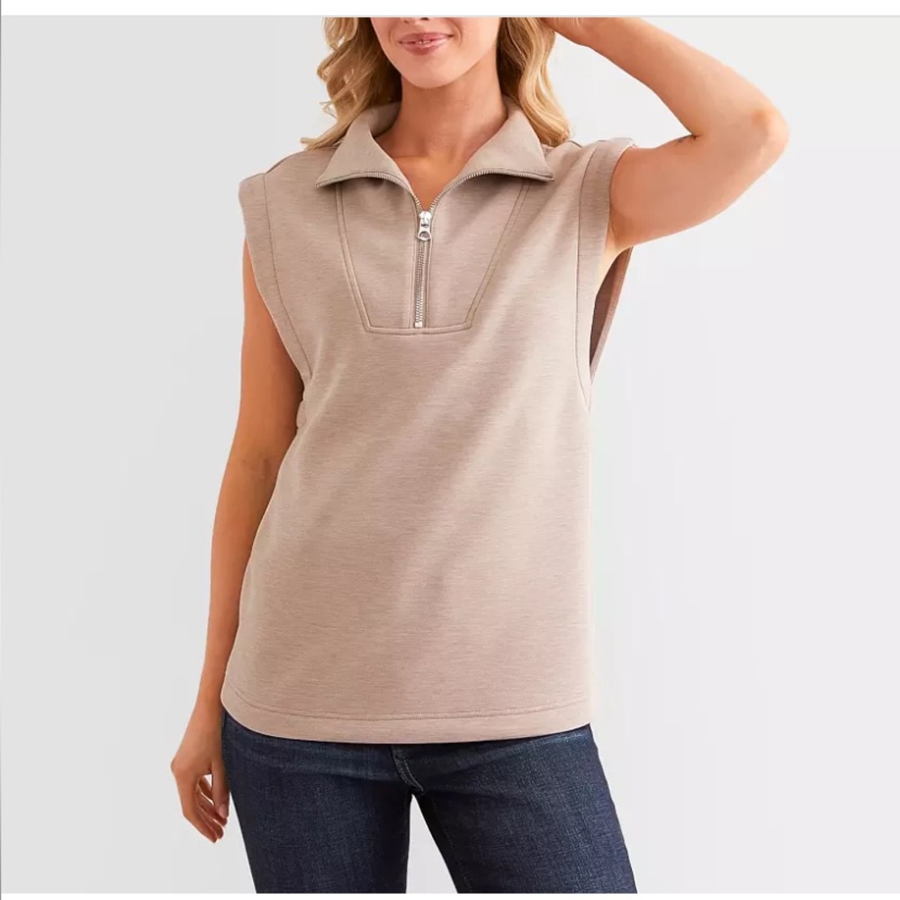Beige Zip Mock-Collar Sleeveless Top